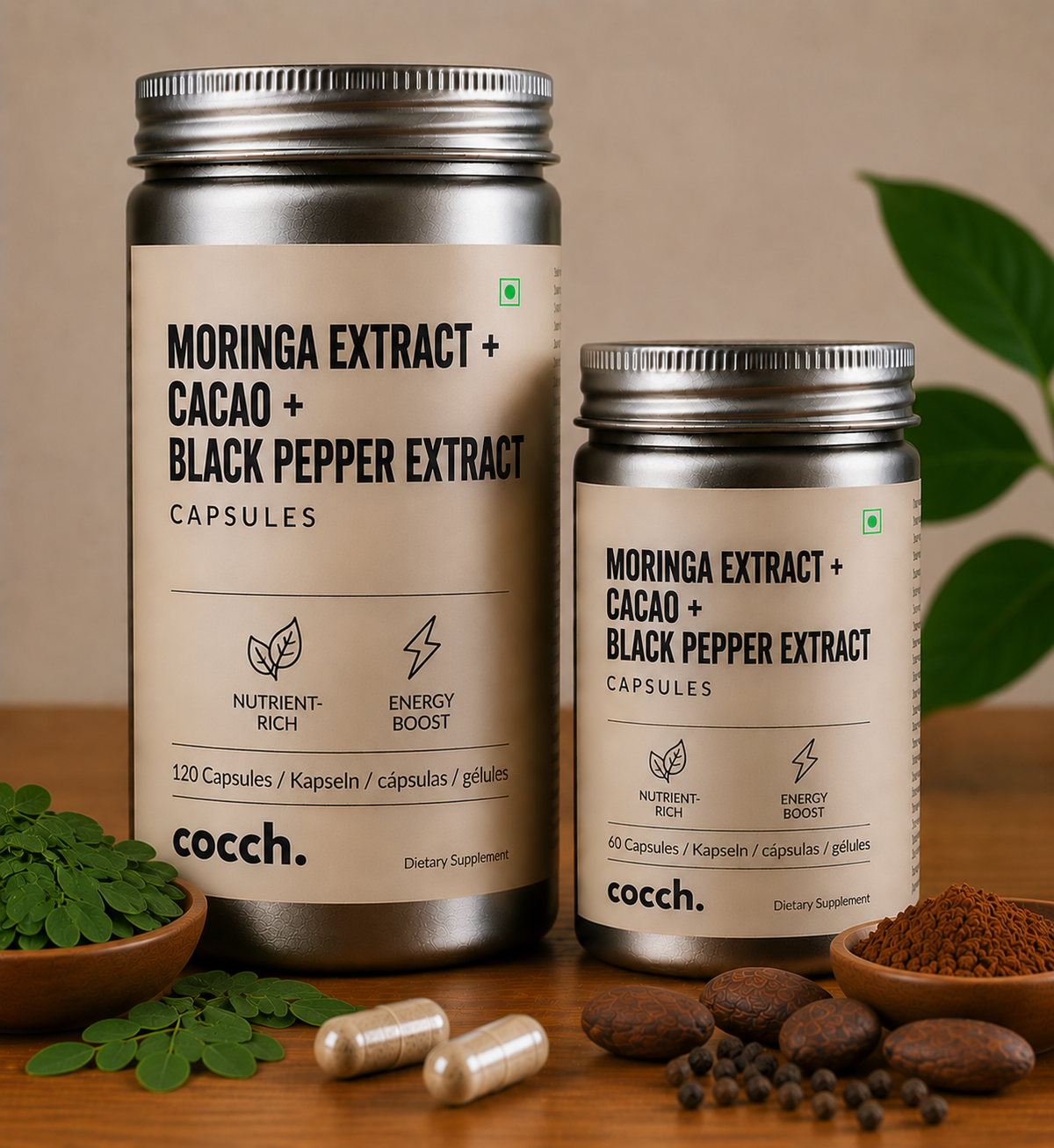 Cápsulas de Moringa + Cacao + Extracto de Pimienta Negra
