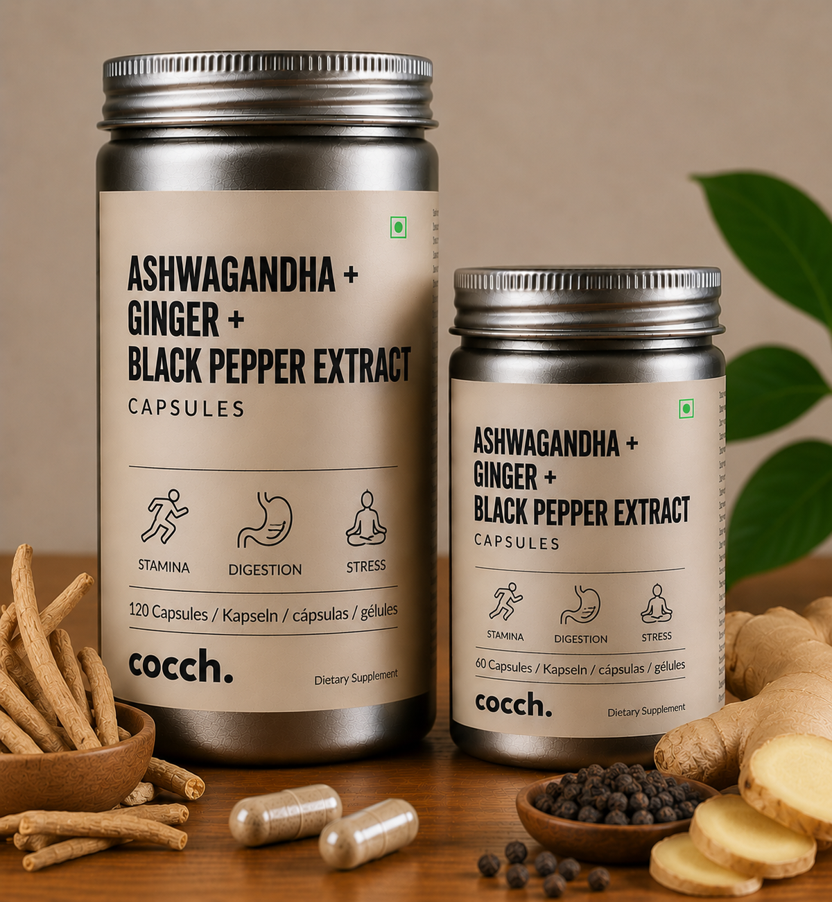 Cápsulas de extracto de ashwagandha + jengibre + pimienta negra